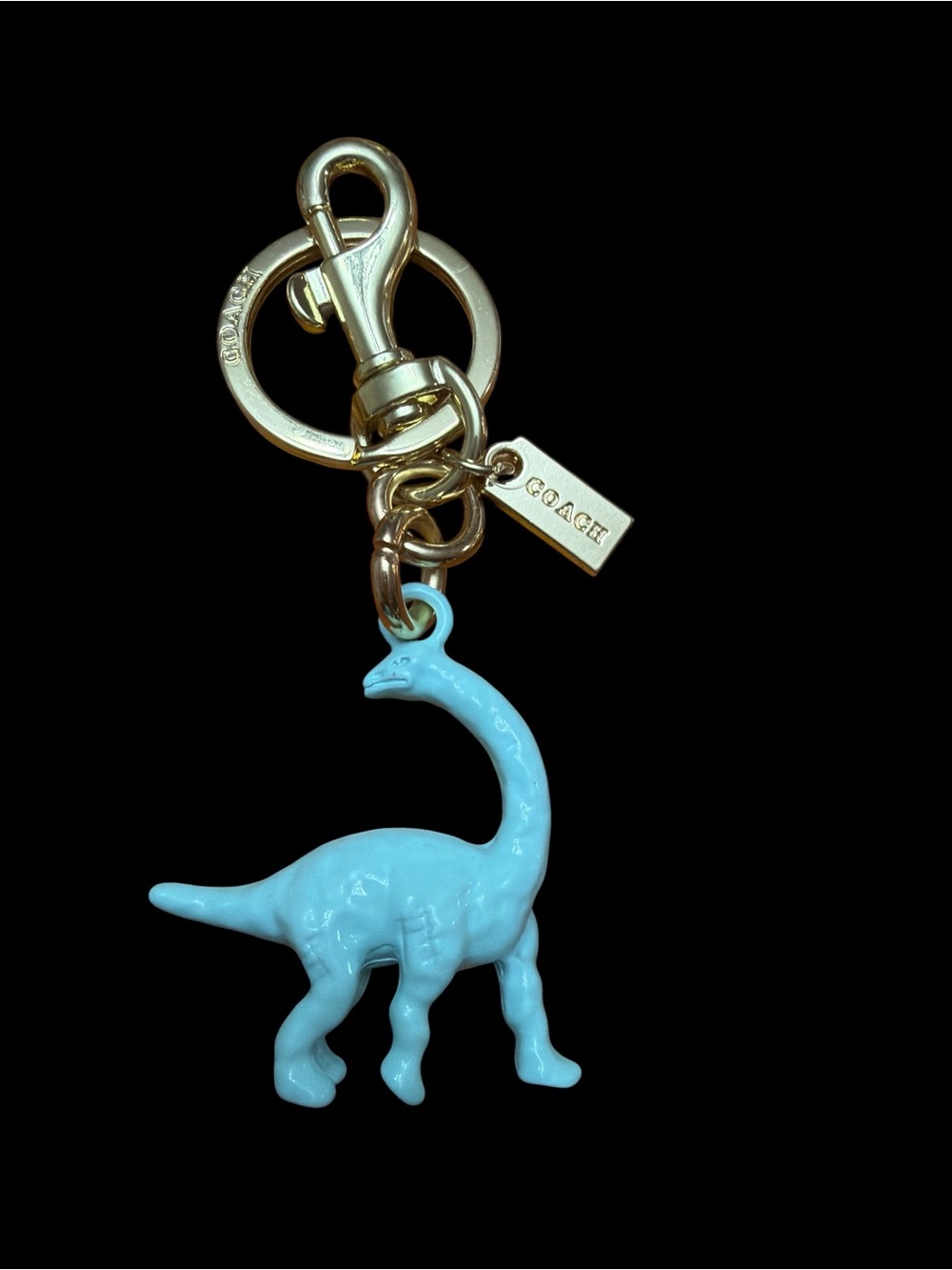 Coach Gold-Tone Keyring with Light Blue Dinosaur Enamel Charm - Picture 1 of 3